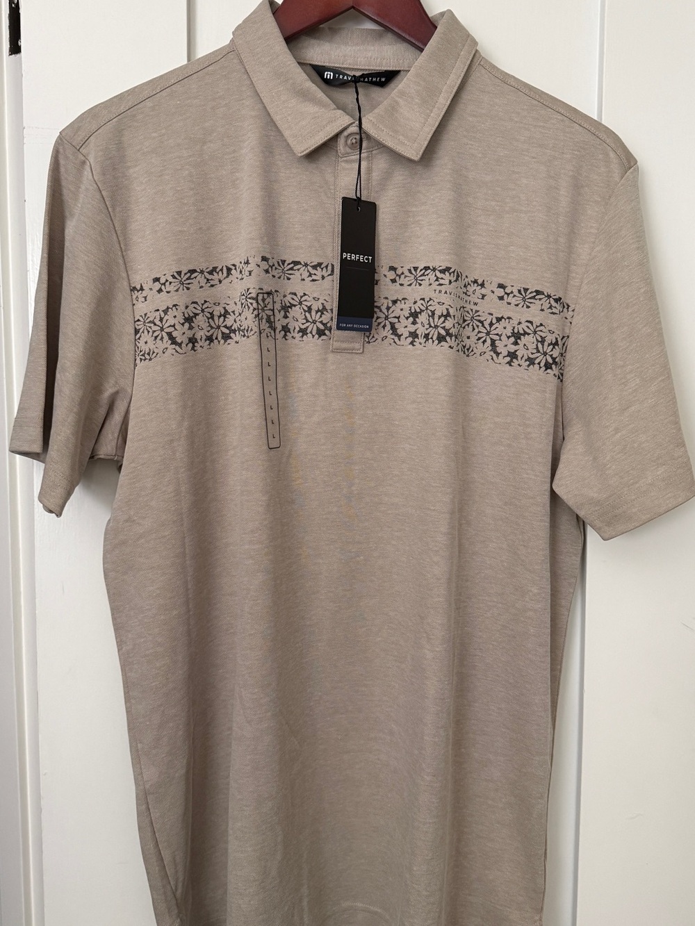 Travis Mathew Men's Short Sleeve Polo in Taupe with Floral Stripe size L
